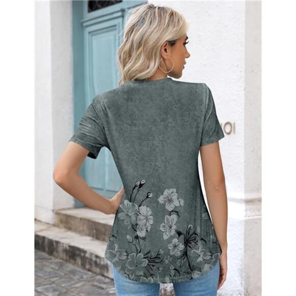 Womens Casual Crew Neck Short Sleeve Pleated Tops Blouses Fashion Clothes 2025 - Picture 3 of 6